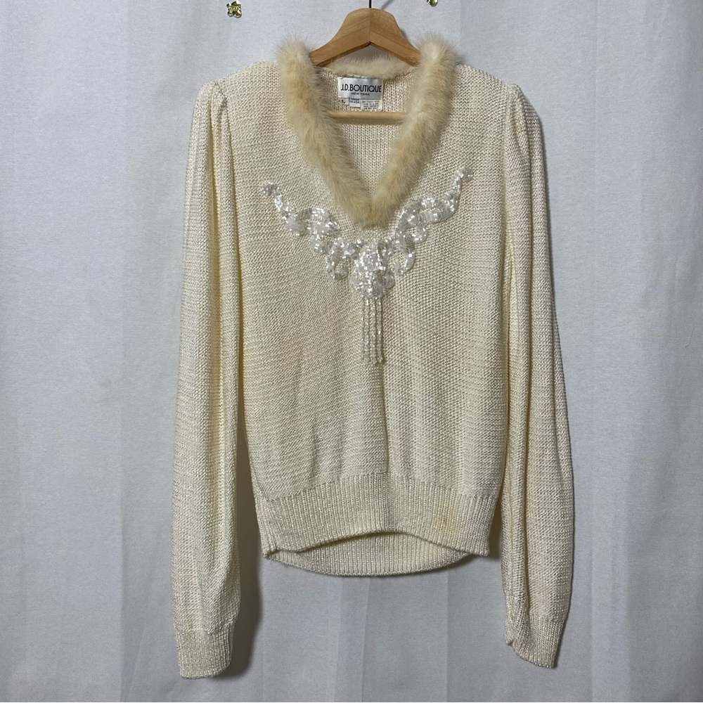 VTG J.D. Boutique Beaded Sweater Sz L  Fur Collar Pearl Ivory Balletcore Unique